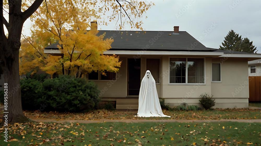 Fototapeta premium man wearing ghost costume in front of house Halloween spooky trick or treat