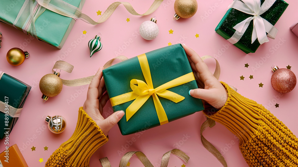 Fototapeta premium Hands Holding a Wrapped Christmas Gift with Decorations on Pink Background