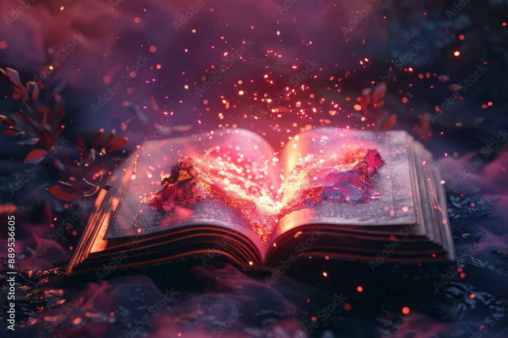 Obraz premium An ancient, magical book opens, releasing a vibrant flurry of glowing sparks and swirling colors, creating an enchanting atmosphere.