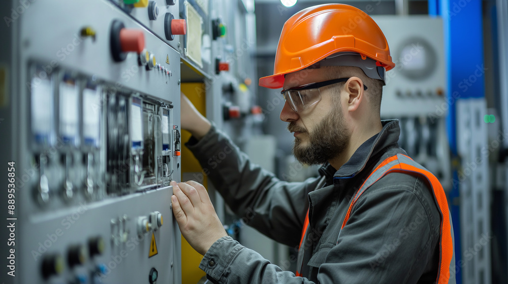 A man in a safety helmet is working on a machine A man in a safety helmet is working on a machine