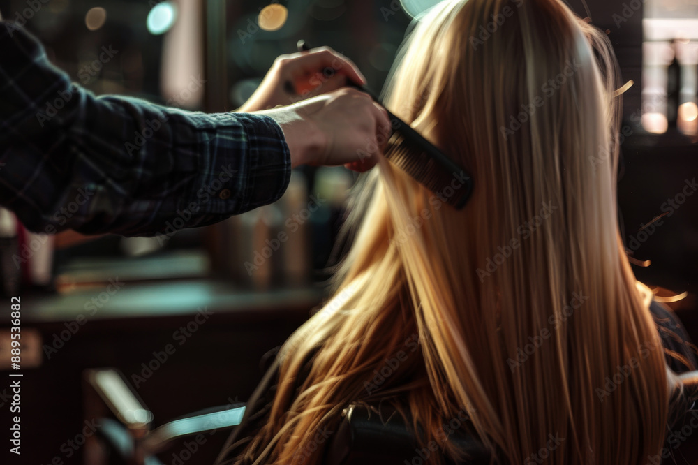 Naklejka premium Close-up of a hairdresser combing through a client's long blonde hair under the gentle lighting of a salon, focusing on detail and care.