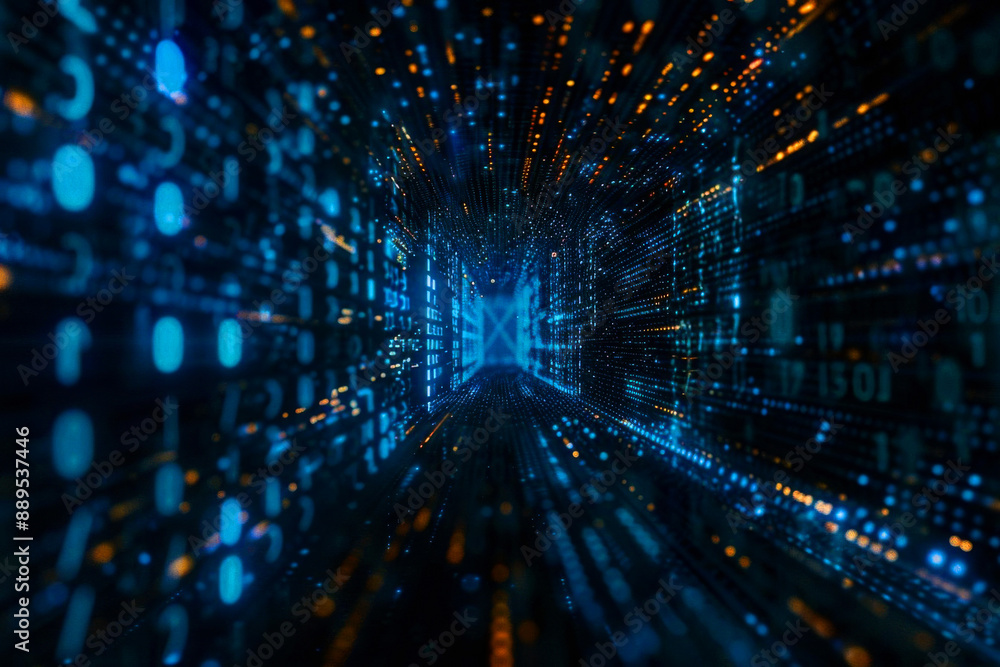 Fototapeta premium A digital background with binary code and holographic interfaces, symbolizing advanced technology