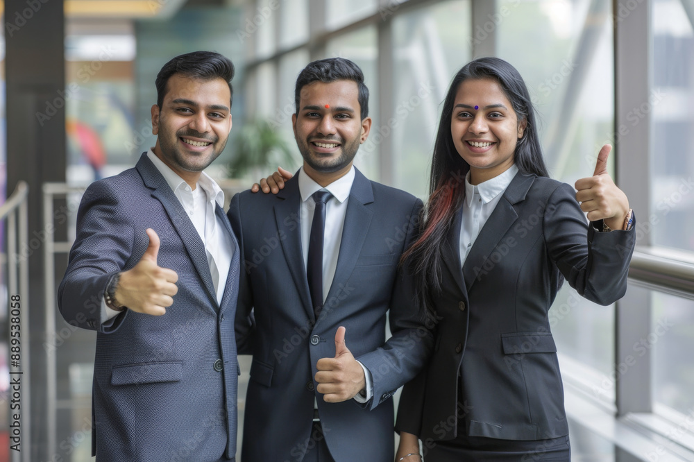 Three professionals in business attire stand together indoors, smiling and giving thumbs up in a brightly lit modern office setting. Three professionals in business attire stand together indoors, smiling and giving thumbs up in a brightly lit modern office setting.