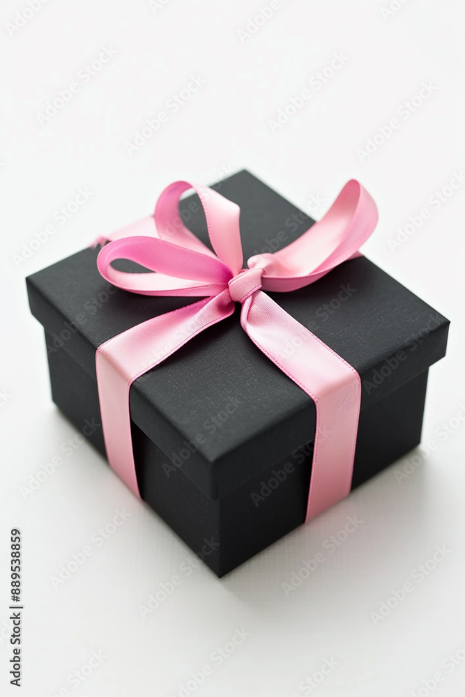 Obraz premium A black gift box with a pink ribbon, symbolizing elegance and surprise, set against a clean white background with ample copy space.