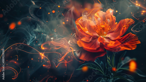 A close up of two orange flowers with a black background