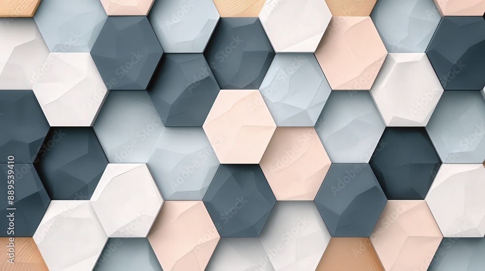 Abstract 3D hexagonal pattern background in muted tones of blue, white, and beige. Geometric shapes create modern, stylish visual texture. Abstract 3D hexagonal pattern background in muted tones of blue, white, and beige. Geometric shapes create modern, stylish visual texture.