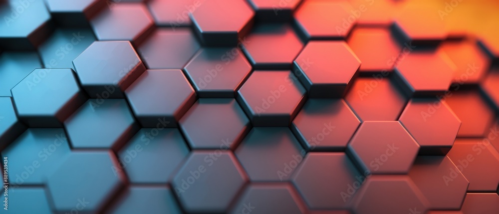 Abstract 3D hexagonal pattern with contrasting blue and red lighting, creating a modern and futuristic geometric background. Abstract 3D hexagonal pattern with contrasting blue and red lighting, creating a modern and futuristic geometric background.