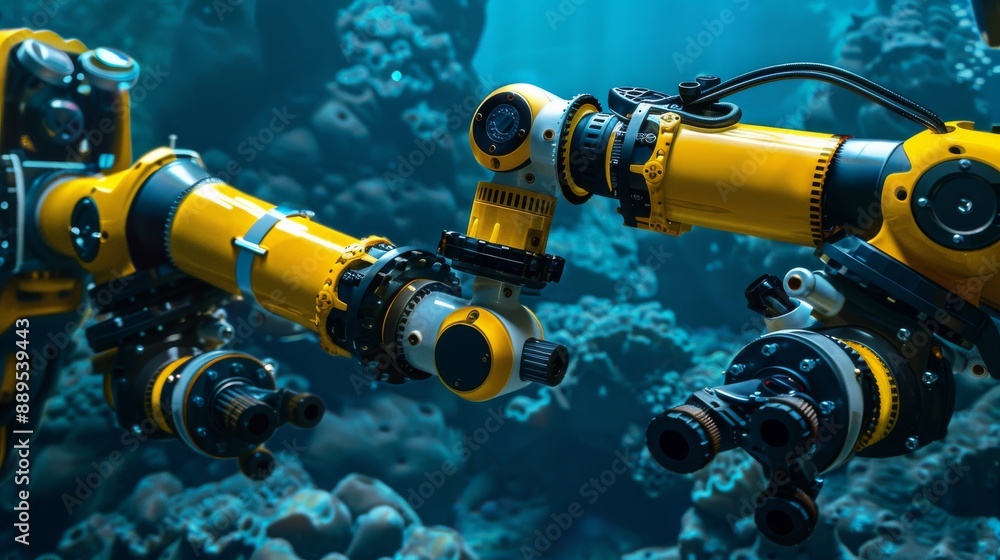 Detailed view of the robot's mechanical parts as it inspects an underwater power transmission cable Detailed view of the robot's mechanical parts as it inspects an underwater power transmission cable