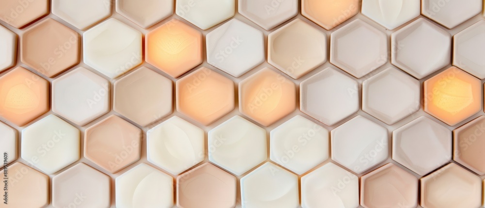 Abstract hexagonal pattern with warm, subtle lighting and various shades of beige. Modern geometric background design for artistic visuals. Abstract hexagonal pattern with warm, subtle lighting and various shades of beige. Modern geometric background design for artistic visuals.