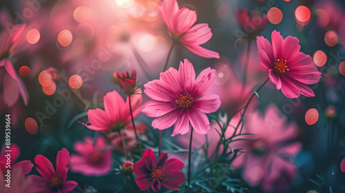 A bunch of pink flowers with green leaves