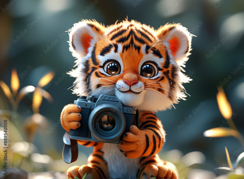 A cute little tiger taking pictures with a camera A cute little tiger taking pictures with a camera