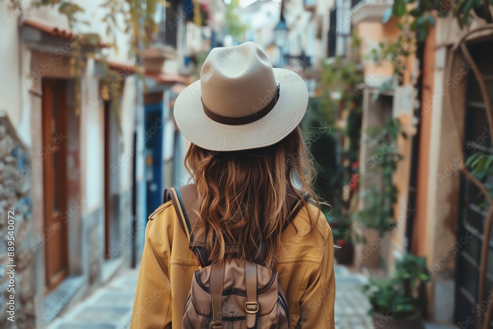 Obraz premium Solo traveler exploring narrow city alleys with a camera, discovery and adventure, capturing urban beauty