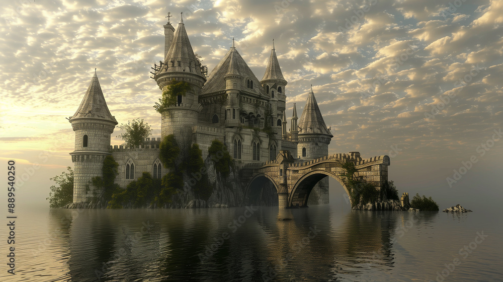Fototapeta premium Enchanted castle with flying buttresses and turrets