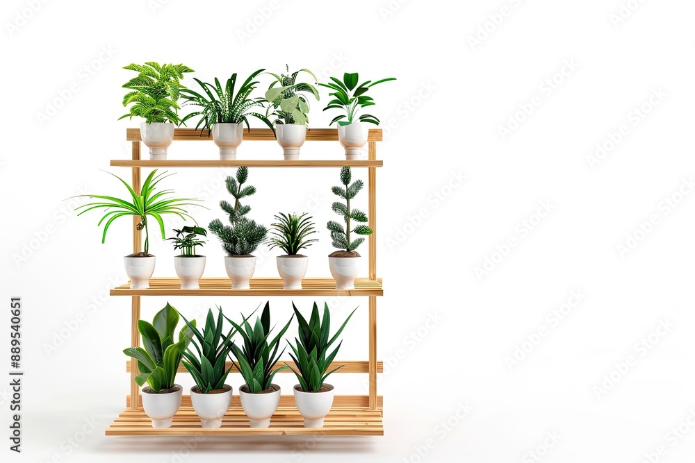 green plants in white pots on wooden shelf or racks for indoor decoration green plants in white pots on wooden shelf or racks for indoor decoration