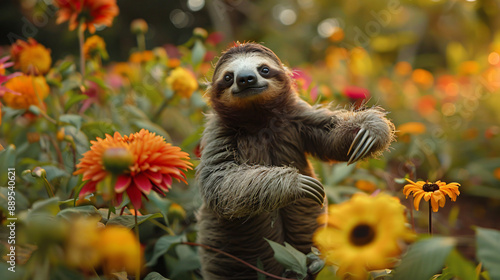 Fototapeta Naklejka Na Ścianę i Meble -  Funny sloth in the flower garden