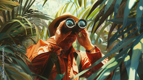 Fototapeta Naklejka Na Ścianę i Meble -  Explorer in a tropical jungle with binoculars