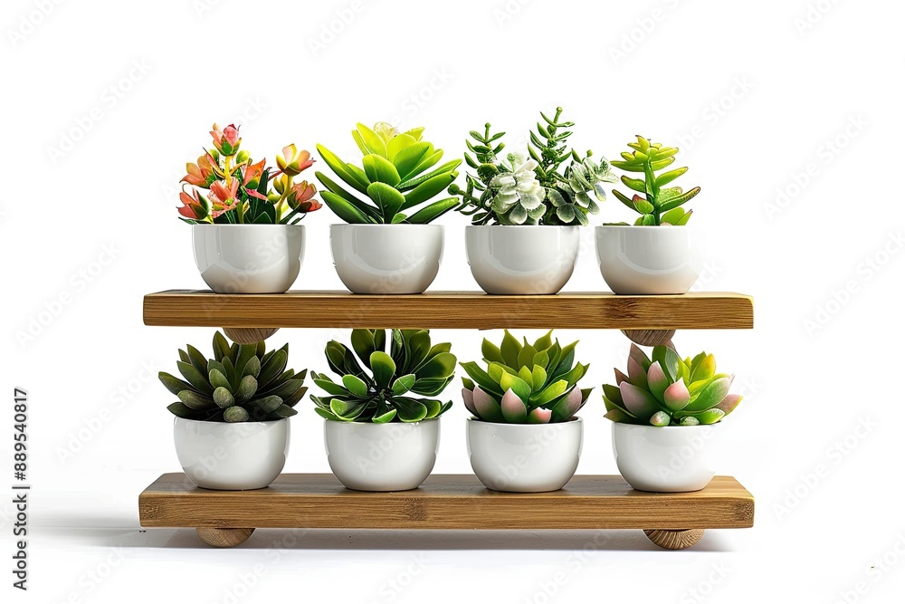 green plants in white pots on wooden shelf or racks for indoor decoration green plants in white pots on wooden shelf or racks for indoor decoration