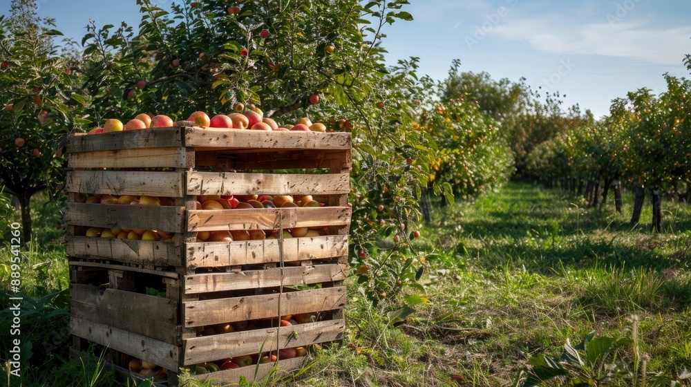 Abundant apple crate in orchard with empty space Abundant apple crate in orchard with empty space