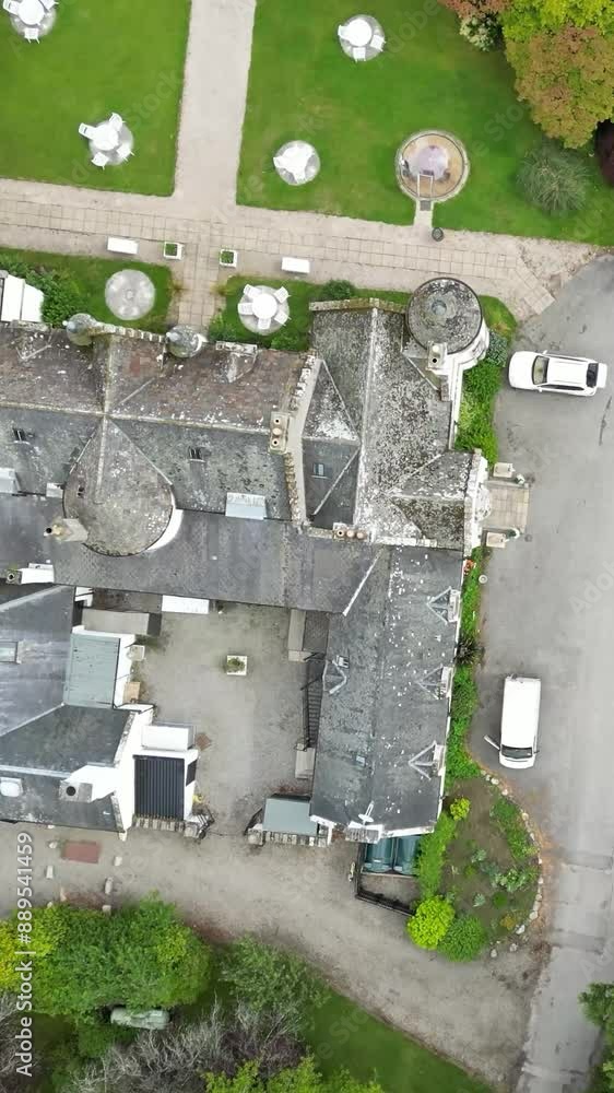 luxury property estate mansion castle hotel top down birdseye view perspective aerial drone shot cars parked parking gardens forest luxury property estate mansion castle hotel top down birdseye view perspective aerial drone shot cars parked parking gardens forest