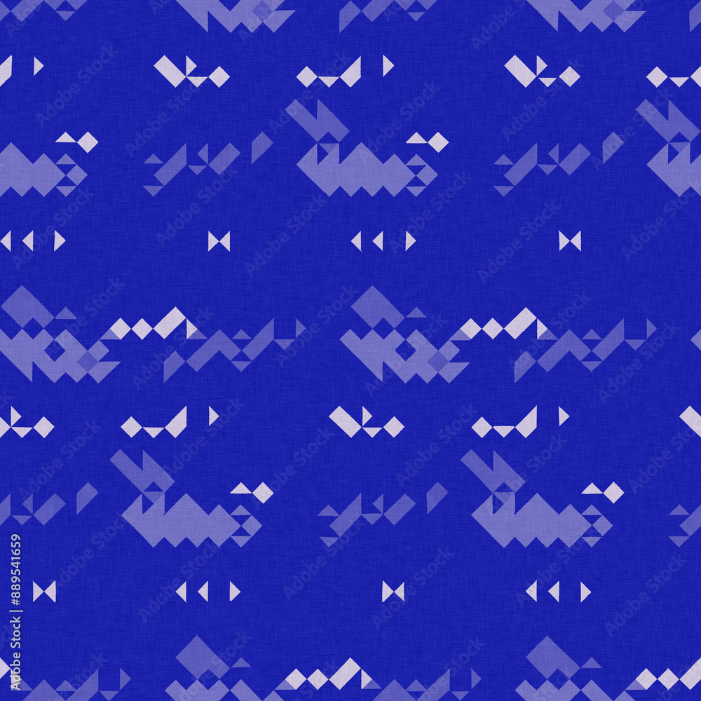 Faded electric blue glitch geo washed effect seamless pattern. Indigo dye grungy blotched distress abstract background texture repeat. Faded electric blue glitch geo washed effect seamless pattern. Indigo dye grungy blotched distress abstract background texture repeat.