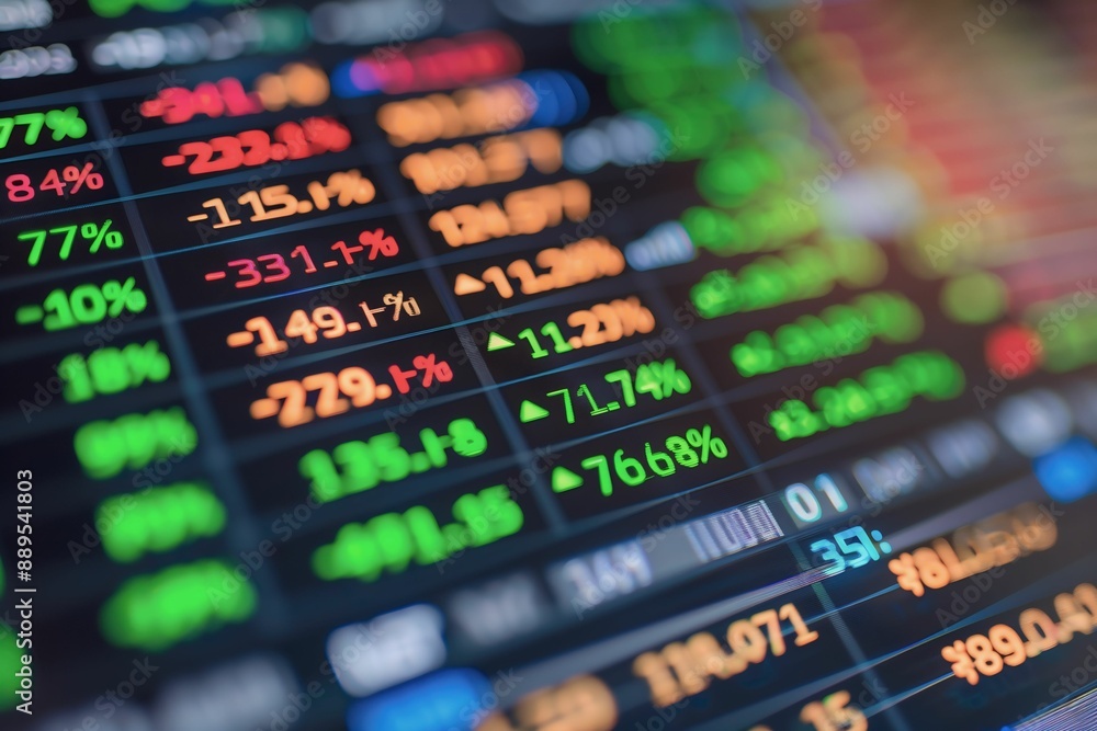 Close-up of stock market data on a digital screen displaying colorful numbers and percentages. Close-up of stock market data on a digital screen displaying colorful numbers and percentages.
