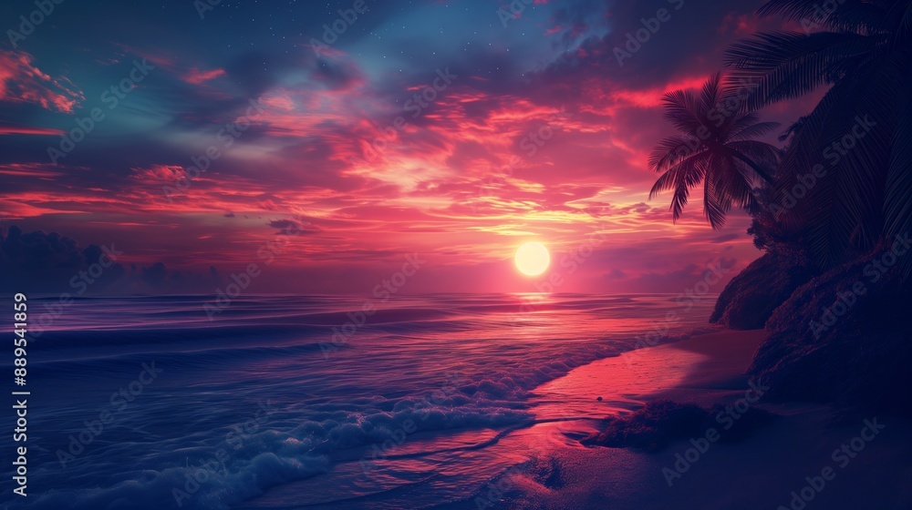 Sunset and Palms on Peaceful Tropical Beach. Sunset and Palms on Peaceful Tropical Beach.