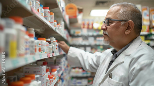 A man in a white lab coat is looking at a shelf of medicine