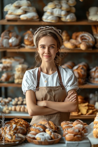 A confident female baker with folded arms standing proudly in front of a display of fresh bakery goods, symbolizing small business success