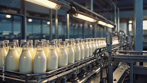 Milk bottles filling line in a dairy product factory plant © Abdul