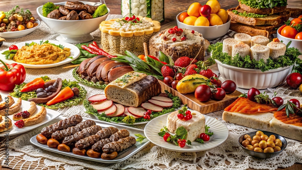 Assorted culinary delights, including savory meats, fresh vegetables, and decadent desserts, artfully arranged on an elegant, lace-covered tablecloth background. Assorted culinary delights, including savory meats, fresh vegetables, and decadent desserts, artfully arranged on an elegant, lace-covered tablecloth background.