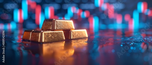 Wallpaper Mural Gold bullion bars gleaming on a reflective surface with a background of stock market graphs, symbolizing wealth, investment, and financial security Torontodigital.ca