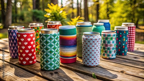 Colorful, folded, and stacked, various-shaped insulated beverage sleeves sit on a rustic wooden table amidst a casual outdoor setting background.