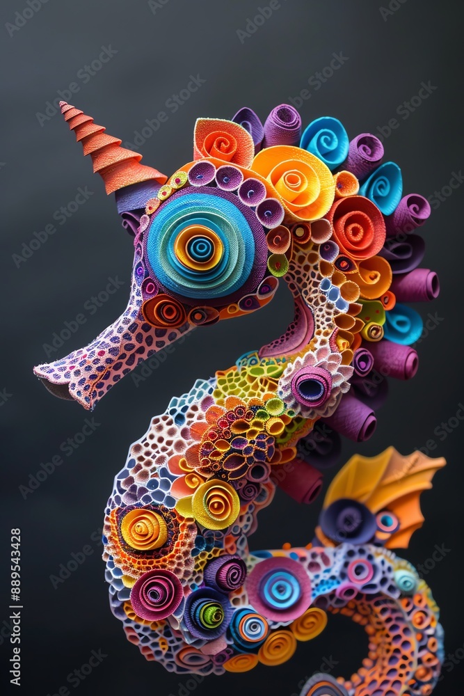 Vibrant paper seahorse craft with intricate patterns, dark backdrop, studio lighting Vibrant paper seahorse craft with intricate patterns, dark backdrop, studio lighting