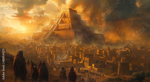 Tower of Babel in Babylon, a photorealistic depiction of the mythological architectural marvel of the ancient world mentioned in the Bible, captured during the golden hour.