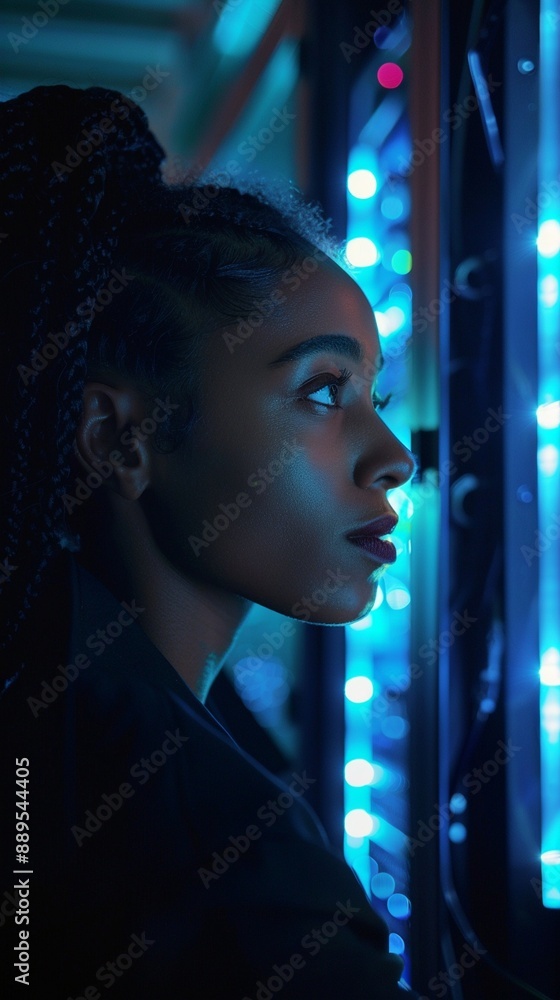 Profile of a woman bathed in ethereal blue light, her gaze fixed intently ahead, surrounded by a mesmerizing array of glowing dots and reflections. Profile of a woman bathed in ethereal blue light, her gaze fixed intently ahead, surrounded by a mesmerizing array of glowing dots and reflections.