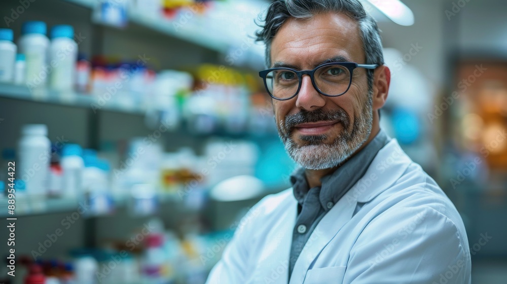 A man in a white lab coat stands in front of a pharmacy shelf. He is smiling and he is a pharmacist A man in a white lab coat stands in front of a pharmacy shelf. He is smiling and he is a pharmacist