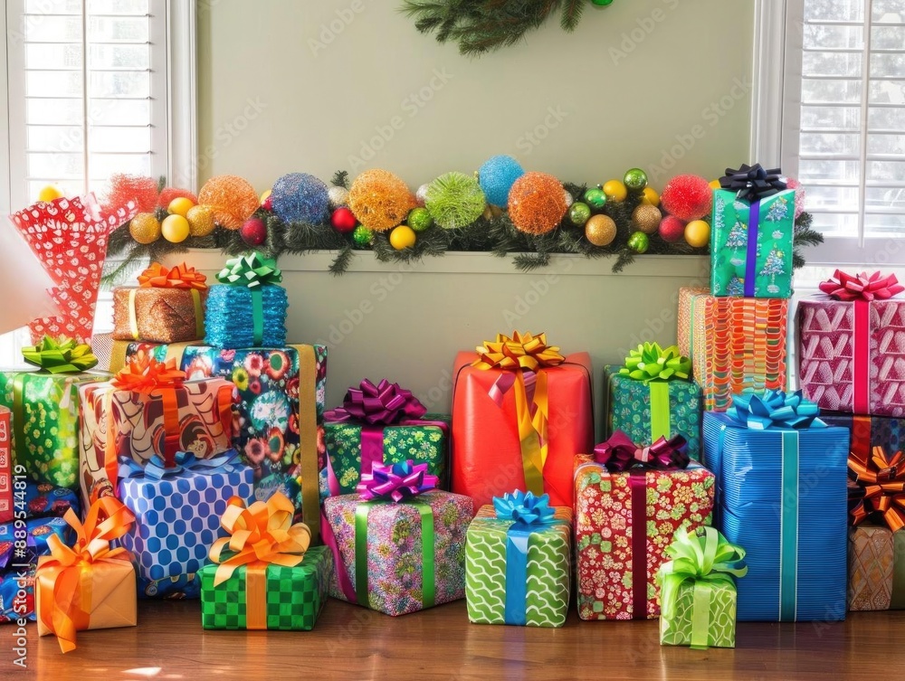 Fototapeta premium Holiday gift wrapping station with colorful paper, ribbons, and bows, ready for Christmas