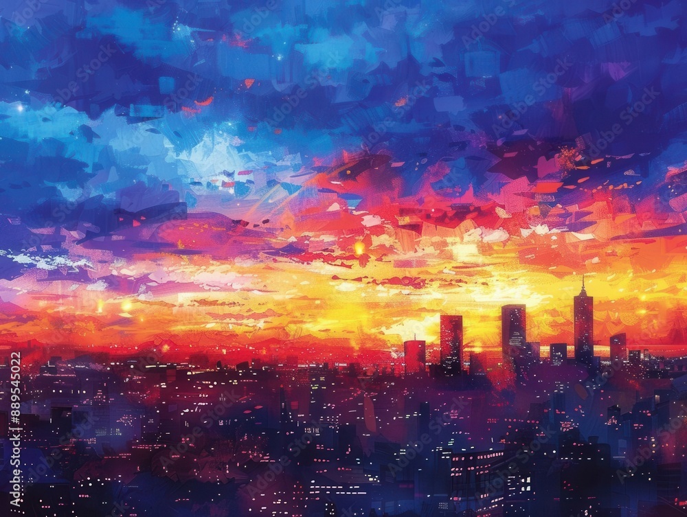 Obraz premium An urban sunset over a bustling city skyline