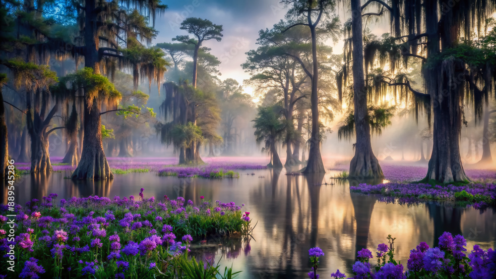 Naklejka premium Mysterious dusk settles over a serene swamp, dark purple flowers blooming amidst twisted cypress trees, misty veil shrouding the tranquil, eerie, and enchanting atmosphere.