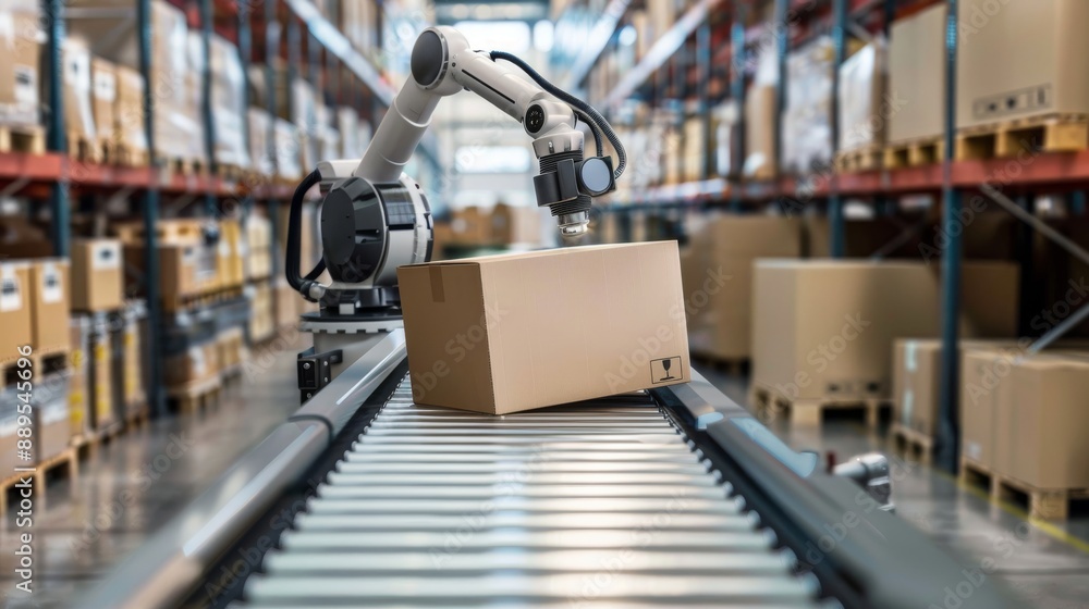 Fototapeta premium An image of a warehouse robot stacking boxes on a pallet. The technology improves productivity and reduces workplace injuries.