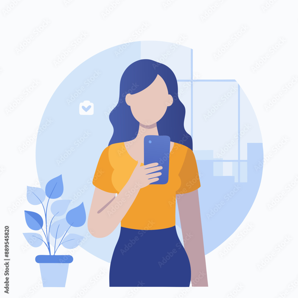 Woman Holding Smartphone in Modern Minimalist Illustration Style Woman Holding Smartphone in Modern Minimalist Illustration Style