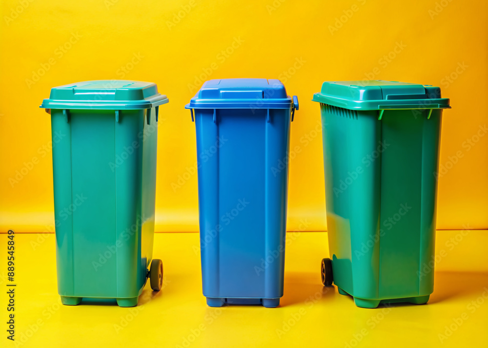 .Bright blue rectangular trash can with lid on top, standing upright on a vibrant yellow background, providing a pop of color and contrast.. .Bright blue rectangular trash can with lid on top, standing upright on a vibrant yellow background, providing a pop of color and contrast..