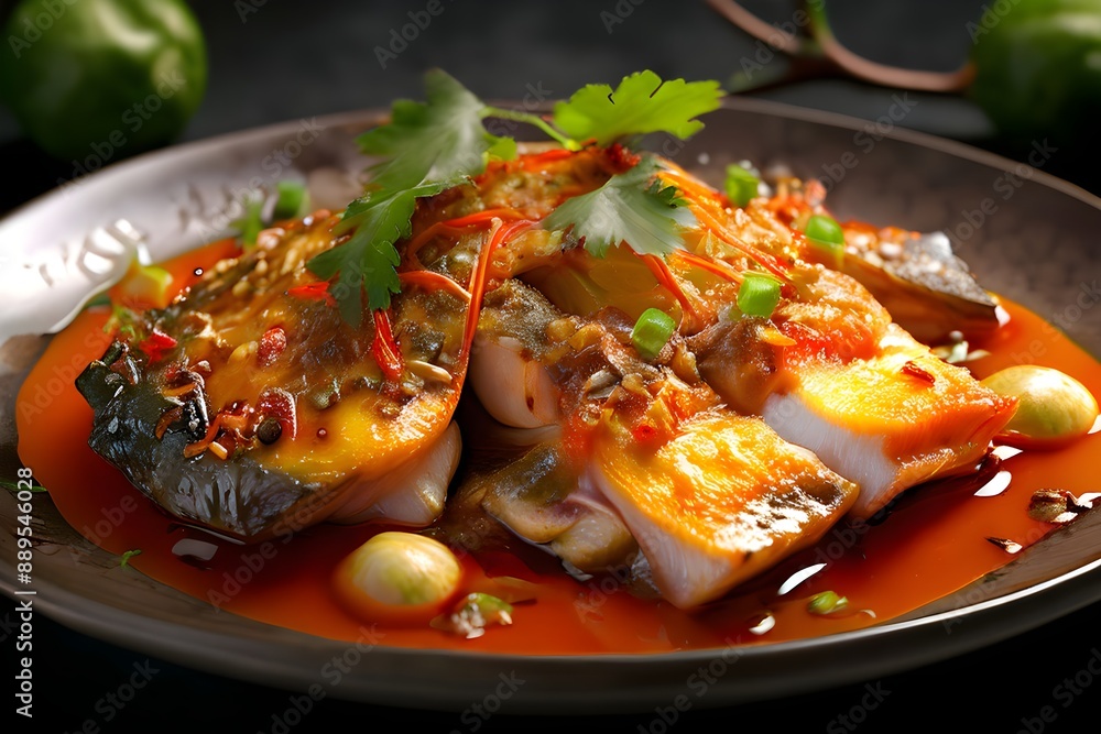 Fish in orange sauce. Salmon fillet in honey glaze with orange slices, spices and basil on a white plate. Delicious seafood dish. Fish in orange sauce. Salmon fillet in honey glaze with orange slices, spices and basil on a white plate. Delicious seafood dish.