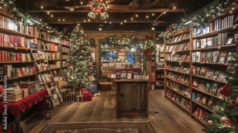 Christmas-themed bookstore with cozy reading nooks, festive decor, and stacks of holiday books Christmas-themed bookstore with cozy reading nooks, festive decor, and stacks of holiday books