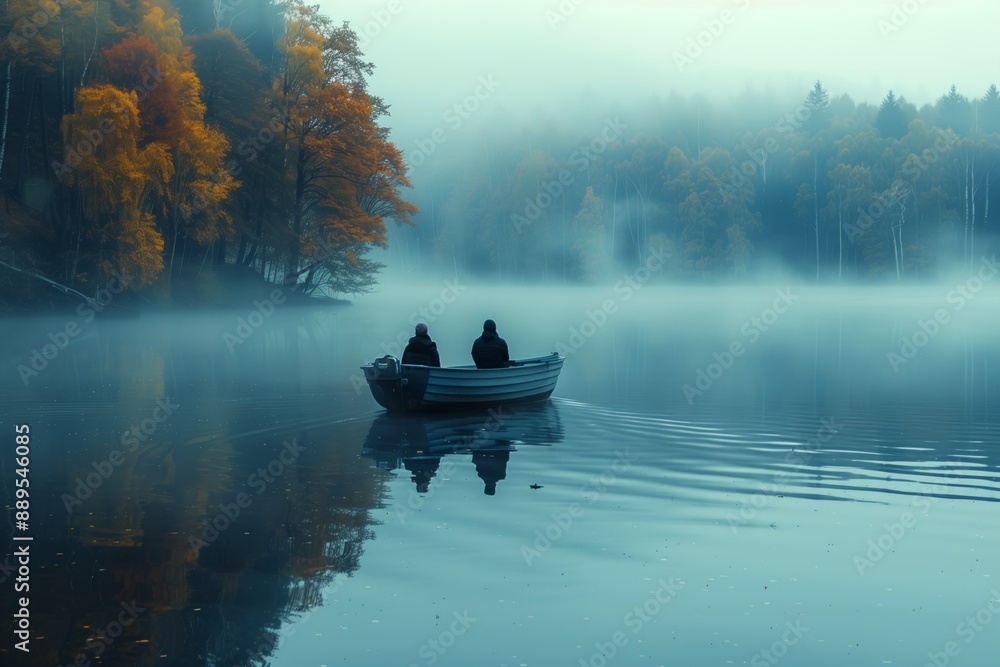Two People Rowing Through Early Morning Fog on a Lake Two People Rowing Through Early Morning Fog on a Lake