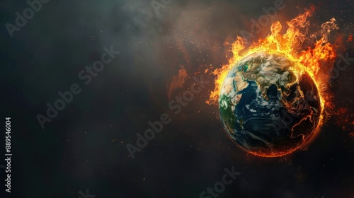 Fototapeta Naklejka Na Ścianę i Meble -  A globe ablaze flames engulfing continents symbolizing global crisis or environmental disaster against a dark sky