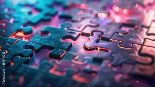 A graphic of a 3D puzzle with missing pieces floating into place, each labeled with business skills essential for success