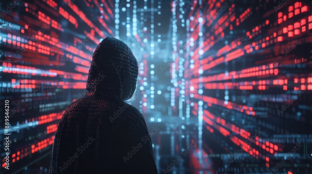 Fototapeta premium A hacker, amidst a vibrant network of data streams and codes, breaches a digital firewall, cybersecurity defenses
