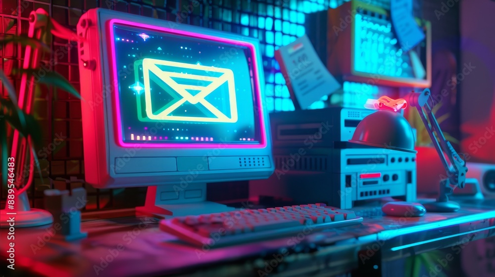 Neon Retro Computer with Email Icon on Screen. Neon Retro Computer with Email Icon on Screen.