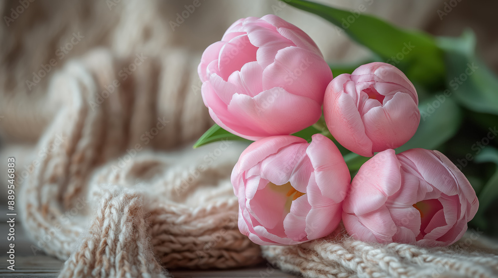 Pink tulips placed on soft knitted fabric, highlighting a cozy and gentle atmosphere with pastel hues and delicate textures. Pink tulips placed on soft knitted fabric, highlighting a cozy and gentle atmosphere with pastel hues and delicate textures.